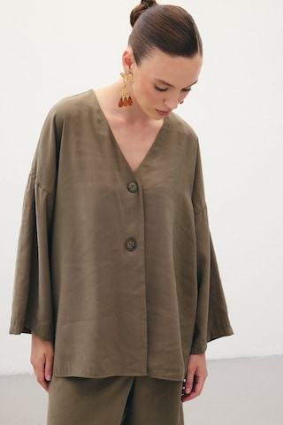 Sateen Düğmeli Kimono - Haki-136357 Haki