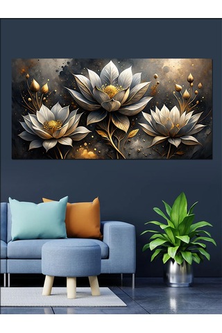 Kanvas Tablo Altın Beyaz Lotus Çiçekleri