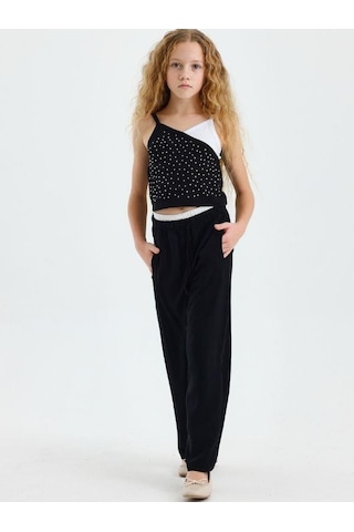 Kız Çocuk Taşlı Askılı Crop Bluz-15567 Siyah