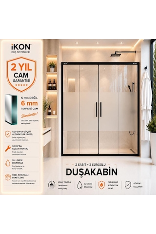 Enzo 2 Sabit 2 Sürgü Mat Siyah Buzlu 03 Duş Kabini H:190 Gümüş Metalik