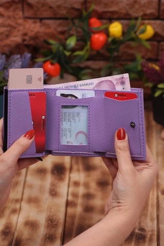 Ozka Leather Collection Lila Suni Deri Erkek Mekanizmalı Vegan Deri Kartlık Cüzdan Portföy - Gül Hediyeli
