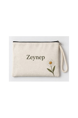 Kişiye Özel Papatya Köşe Baskılı Fermuarlı Makyaj Çantası Bozuk Para Cüzdanı Clutch Model 01284