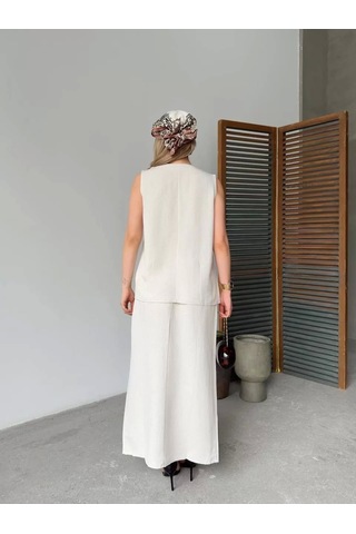 Keten Kolsuz Sıfır Yaka İlik Düğmeli Kolsuz Hırka Etek İkili Takım- Beyaz Beyaz