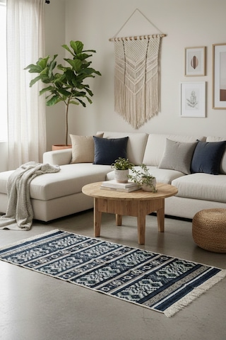 Minimal Lacivert Modern Desen Çift Taraflı Makinede Yıkanabilir Ev İçi & Dış Mekan Uyumlu Kilim Renkli