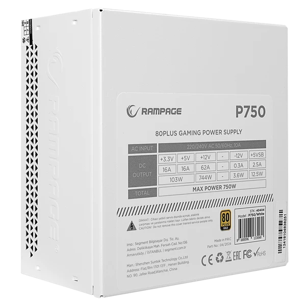 Rampage P750 750w 80+ Gold 14 Cm Fan Gaming Power Supply Beyaz