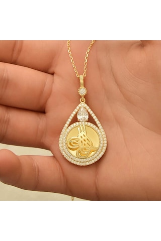 Gümüş Gold Kaplama Damla Tuğralı Kadın Kolye