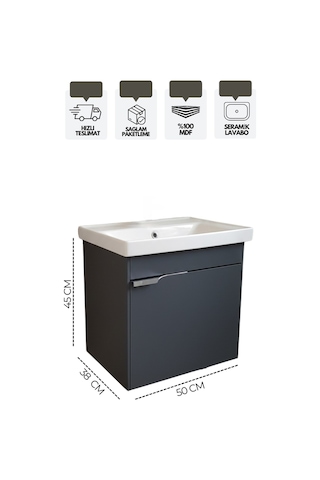 Karen Banyo Kasırga 50 Cm, Lavabolu Alt Banyo Dolabı, Kapaklı Banyo Alt Dolabı, Seramik Lavabo Dahil Antrasit Mdf Antrasit
