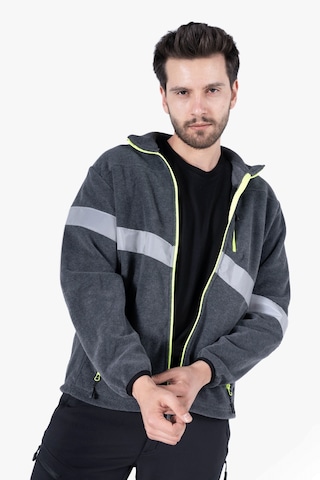 Neon Sarı Fermuarlı Reflektörlü Polar Gri Melanj