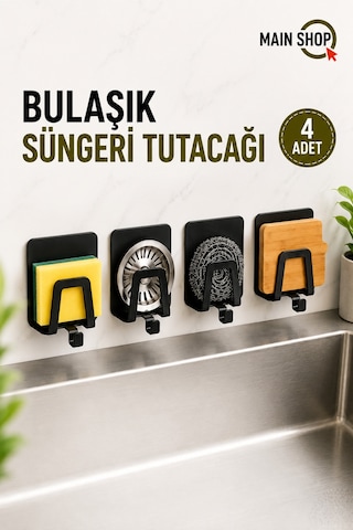 Mainshop 4 Adet Musluk Yanı Sünger Askılığı Evye Sünger'liği Banyo Mutfak Kancalı Düzenleyici M-sng2 Siyah