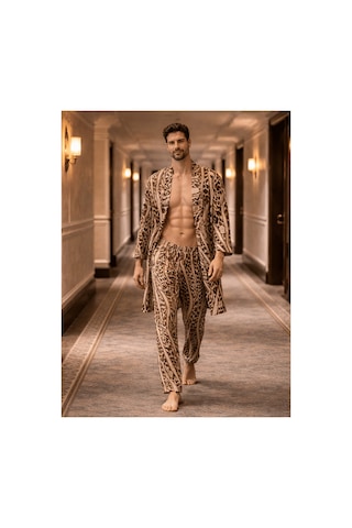 Qmen Style Erkek Kimono Takımı Leopar Desen 3 Lü Viskon Set Bornoz + Pantolon + Şort Bej