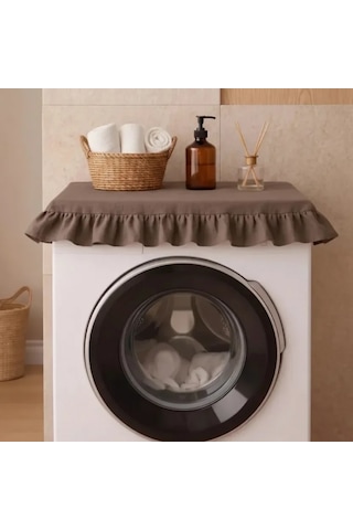 Fırfırlı Çamaşır Makinesi Örtüsü - Çeyizlik Dekoratif Banyo Makine Kılıfı- Kahverengi