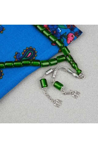 Ateş Kehribar Alpaka Püsküllü Kapsül Kesim 9x12mm Tesbih - Şeffaf Yeşil