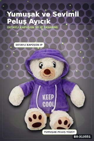 Bay Renkli Kapüşonlu Sweatshirt Giyen 30 Cm Peluş Ayı Oyuncak Hediyelik Bx-313551 Najmaddin