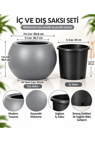 Büyük Boy Gri Yuvarlak Saksı Modern Dekoratif İç Dış Mekan Bitki Saksısı İç Saksılı -