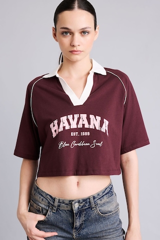 Defacto %100 Pamuk Oversize Kontrast Polo Yaka Baskılı Crop Tişört I6806ax26aubr2 Bordo-br2