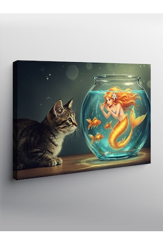Kanvas Tablo Akvaryumlu Denizkızı Ve Yaramaz Kedi 100cmx140cm