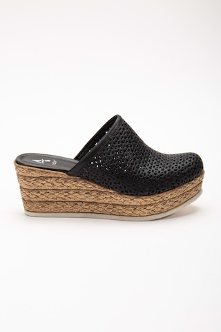Analin Shoes Kadın Hakiki Deri Burnu Kapalı Dolgu Topuk Terlik Siyah