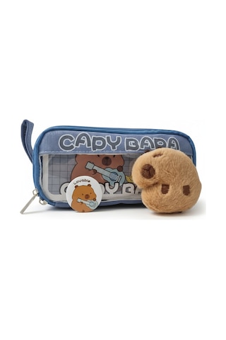 Capybara Desenli Geniş Leke Tutmaz Kalemlik - Peluş Bir Broş Ve Peluş Oyuncak Hediyeli Mavi