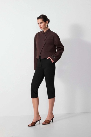 Vatkalı Diagonal Crop Blazer Ceket-16645 Kahverengi