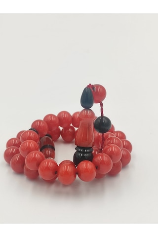 Usta İşcilikli Kırmızı Ateş Kehribar Tesbih 10 Mm Küre Kesim Takımlı Sistemli Kırmızı