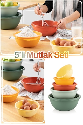 Meleni Home 5'li Set Yuvarlak Hazırlık Kase Seti - Çok Amaçlı Çırpma Kabı - Badya Seti Saklama Kabı