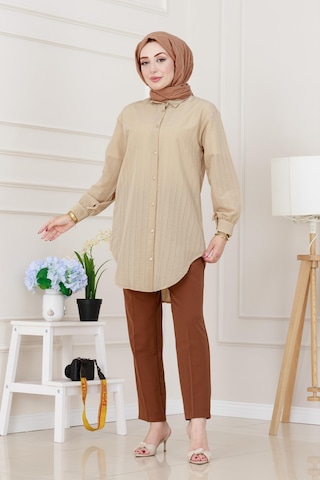 Sevitli Göğüsü Taş Detaylı Oversize Tunik-bej-5226 Bej