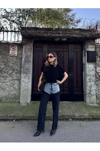Defymoda Jeans Kot Parçalı Palazzo Pantolon - Siyah Siyah