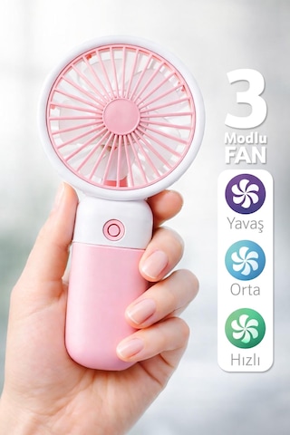 Standlı 3 Mod Şarjlı El Fanı 5 Kademe Seyahat Masaüstü Vantilatör Taşınabilir Mini Fan Pembe F139