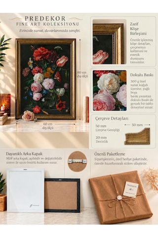 Dark Art Dark Floral Klasik Sanat Eseri Hollanda Altın Çağı Yağlı Boya Görünümlü Dokulu Baskı Tablo - 60x80cm Vintage Altın Çerçeveli 50x70cm Baskı Lüks Dekoratif Duvar Sanatı