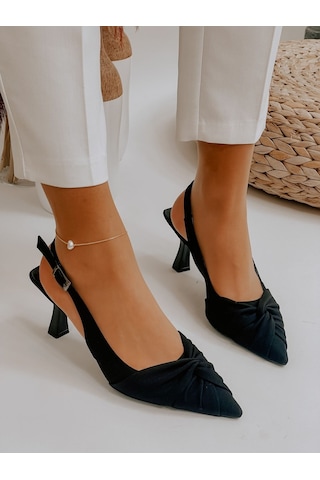 Ervanın Butiği Siyah Saten (Bow) Fiyonk Detay Kadın Stiletto Ten Rengi