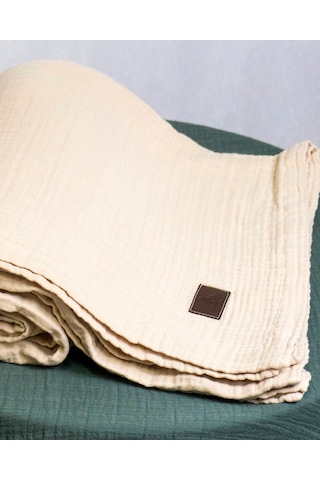 4 Katlı Müslin Yatak Örtüsü - Battaniye Pike %100 Organik Pamuk Dört Mevsim Yumuşak Çift Kişilik Ekru