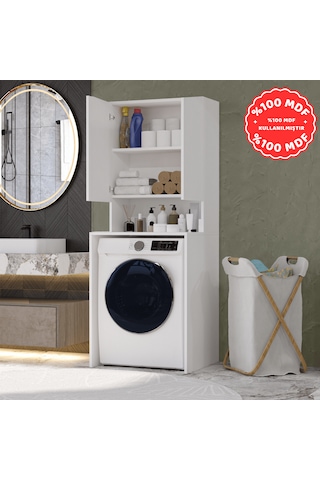 Çamaşır Makinesi Dolabı 3 Raflı Kapaklı Banyo Dolabı Beyaz %100 M Beyaz