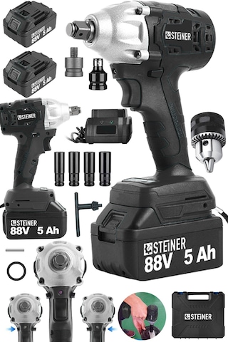 Steiner 88V 5Ah Çift Akülü Kömürsüz Çantalı Matkap Bijon Somun Sıkma Makinesi Siyah + Mandren