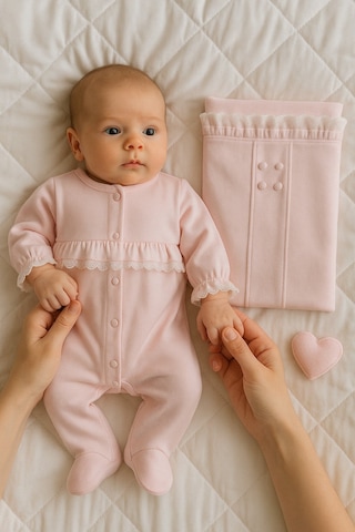 Zeynuko Kız Bebek Fırfırlı Elegant 10'lu Yenidoğan Hastane Çıkışı Zıbın Seti Kutulu Pembe