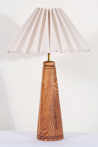 El Yapımı Ahşap Pileli Masa Lambası Abajur Krem  Krem Yükseklik Krem