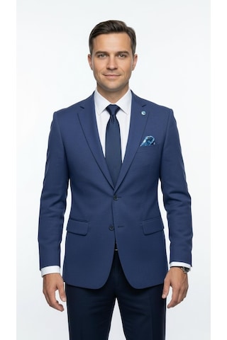 Plus Scorpion Erkek Slim Fit Ceket Likralı Fitilli Kumaş, Çift Düğmeli Tek Yırtmaçlı Modern Tasarım Mavi