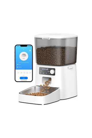 Oneisall 3.5l Otomatik Kedi Besleyici, Wi-fi Akıllı Uygulama Kontrolü, 1-10 Öğün Plastik, Melamin Mama & Su Kapları Beyaz Tek Ebat