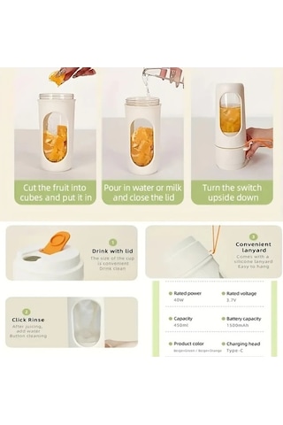 Fastbuy Sinuoshop Usb Şarjlı 12 Bıçaklı Kablosuz Turuncu Elektrikli Meyve Sıkacağı Blender, Temizlenmesi Kolay Smoothie Yapım Turuncu