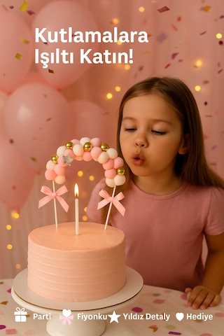Pembe Ponponlu Pasta Süsü Yumuşak Keçe Fiyonklu 3d Dekor Seti Doğum Günü Süsleri