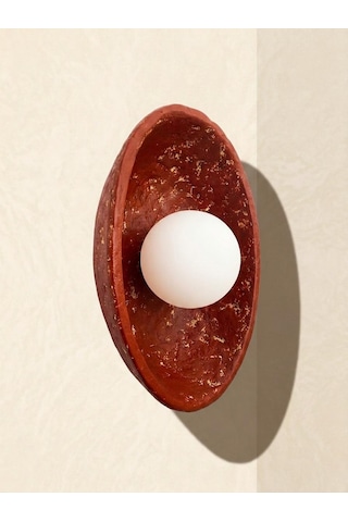 El Yapımı Seramik Kil Aplik Aydınlatma - Wabi Sabi Kırmızı Terakota Duvar Apliği - Led Aydınlatma - 30 X 22 Cm Oval