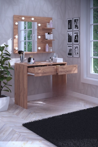 Tokyo Kulis Işıklı Aynalı Tabureli Çekmeceli Makyaj Masası Atlantik Çam