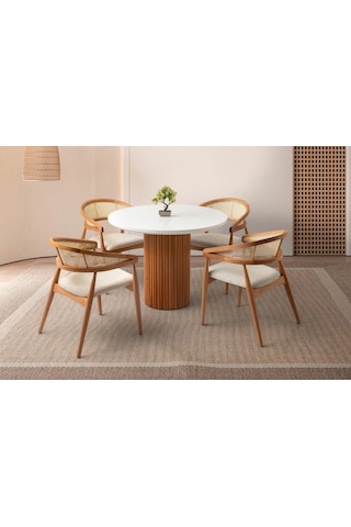 Perge İskandinav Natural Ahşap Masa Sandalye Takımı 90x90 Meşe - Beyaz