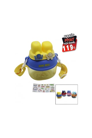 Yüz Modeli - 2 Kilitli Kapak Renkli Mika Kristal Suluk Matara Pipetli - Naylon Çantalı - Askılı 12 Çok Renkli