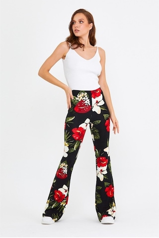Brz Collection Çiçek Desenli Kadın Pantolon Siyah