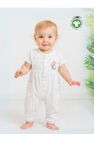 Zekids Kız Bebek Organik Pamuklu Çizgili Kısa Kol Paçası Lastikli Tulum-15917 Beyaz