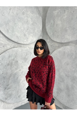 Leopar Desenli Oversize Kazak-477 Bordo