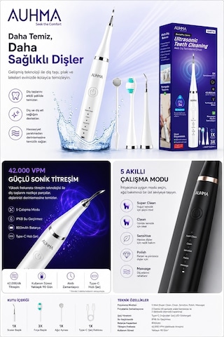 Zenvia Ultrasonic Şarjlı Elektrikli Akıllı Diş Temizleme Cihazı Beyazlatıcı 5 Mod 3+1 Başlık, Ipx8 Su Geçi
