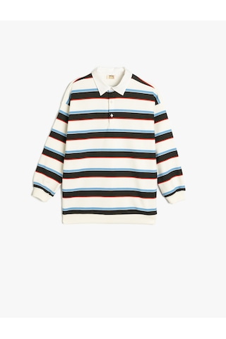 Koton Çizgili Uzun Kollu Düğme Detaylı Polo Yaka Sweatshirt Siyah Çizgili 5skg10355ak Siyah Çizgili Siyah