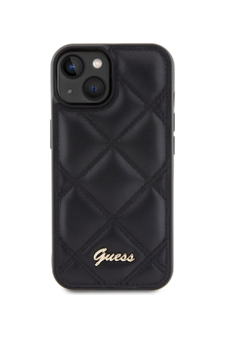Apple Uyumlu iPhone 15 Kılıf Guess Lisanslı Pu Deri Metal Yazı Logolu Kapitone Kapak Siyah