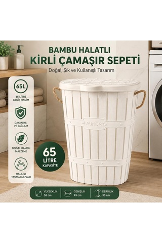 65 L Bambu Halat Kulplu Kirli Çamaşır Sepeti Kapaklı Plastik Gövde 58 X 45 X 35 Cm Havalandırmalı Çamaşır Saklama Sepeti Beyaz Çok Renkli